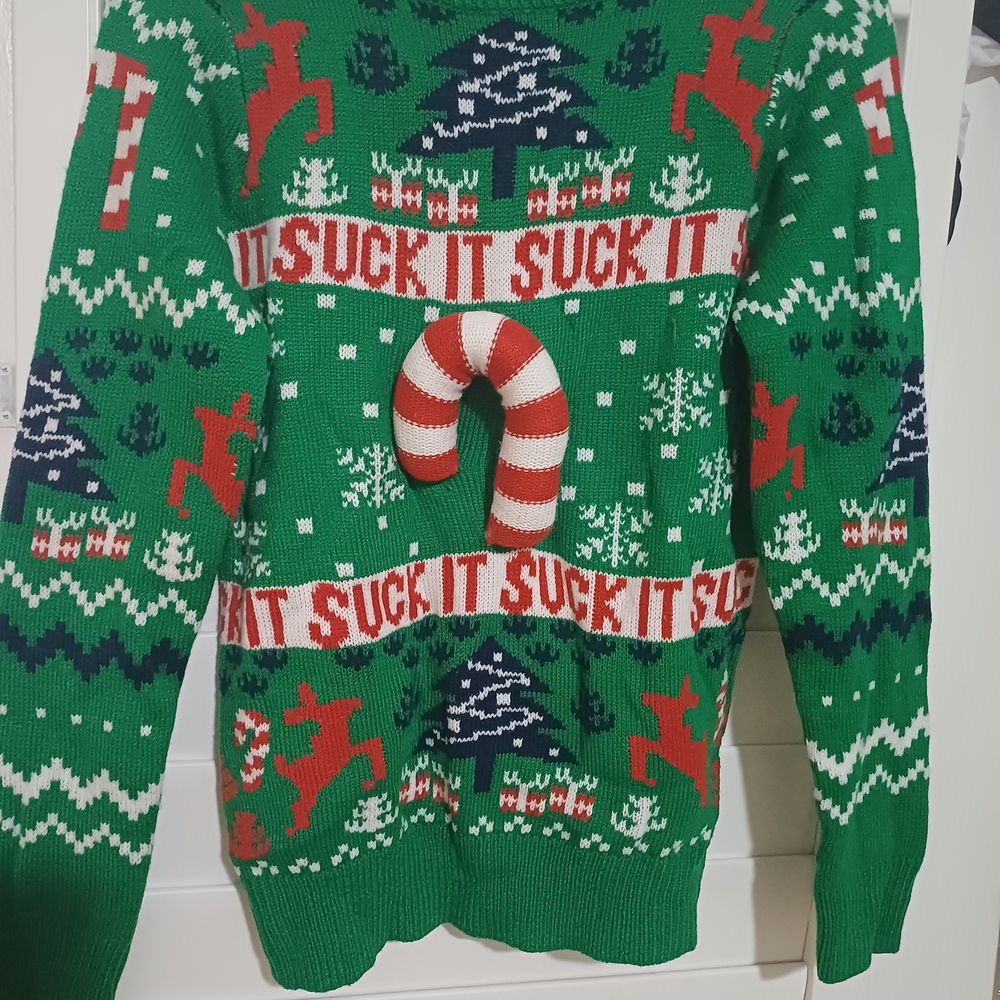 Green Holiday Sweater with Candy Cane Design